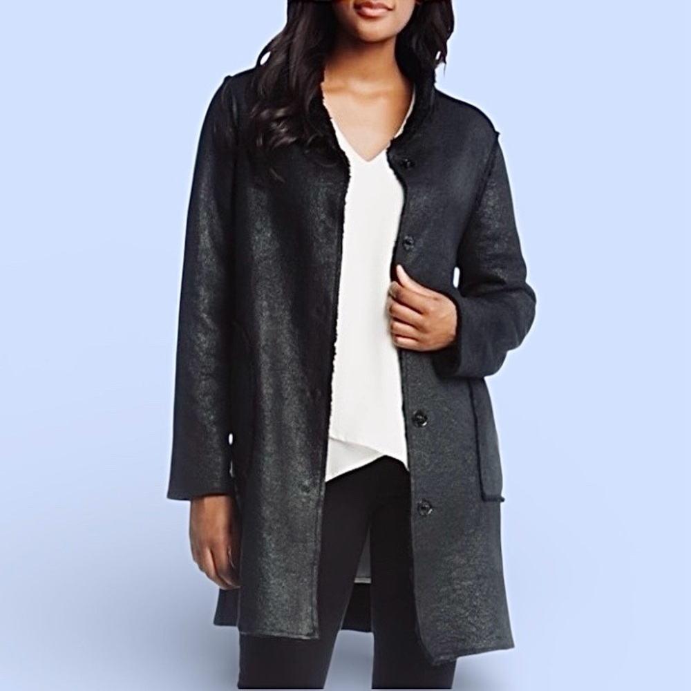 Karen Kane Black Italian Faux Shearling Coat Faux Fur Collar Snap Front Jacket S